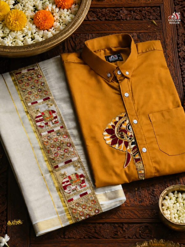 ELEPHANT EMBROIDERY HALF PATCH SHIRT -  DOUBLE GOLDEN TISSUE KASAVU DHOTI COMBO