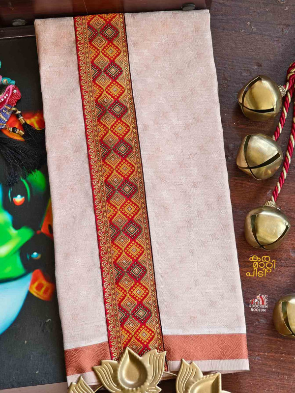 Tissue Copper Jacquard Kasavu Colour Full Embroidery Designer Premium Single Dhoti[SINGLE00047]