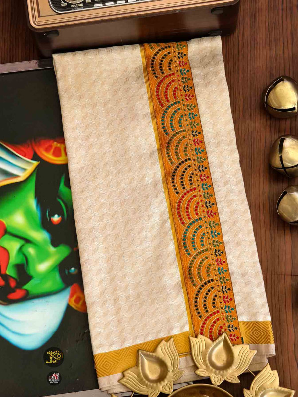 Tissue Golden Jacquard Kasavu Colour Full Embroidery Designer Premium Single Dhoti[SINGLE000125]