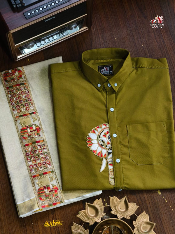 ELEPHANT EMBROIDERY HALF PATCH SHIRT -  DOUBLE GOLDEN TISSUE KASAVU DHOTI COMBO