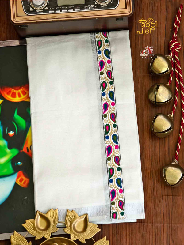 Tissue Silver Kasavu Colour Full Embroidery Designer Premium Single Dhoti[SINGLE000146]