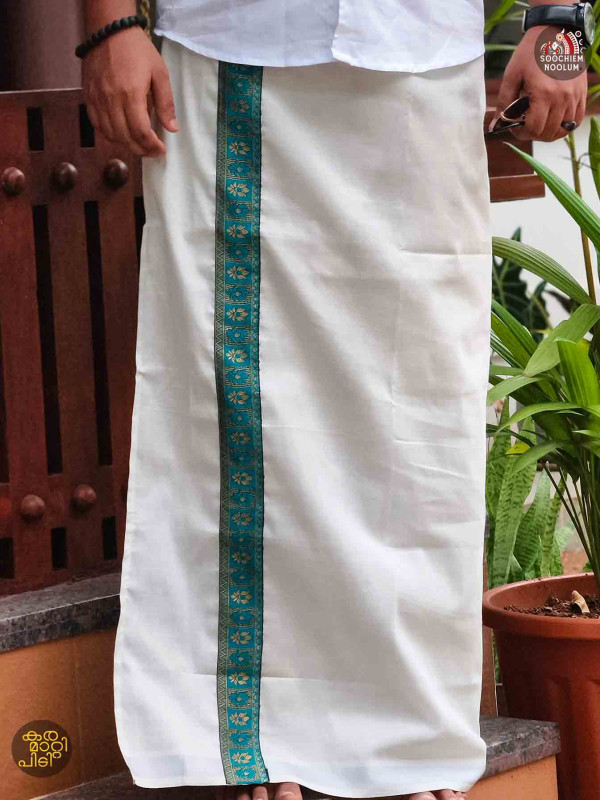 Tissue Silver Kasavu Colour Full Embroidery Designer Premium Single Dhoti[SINGLE000104]