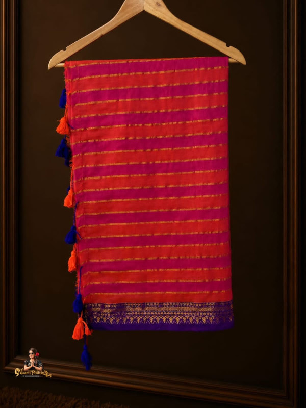 MUL COTTON SAREE - DEEP PINK & ORANGE WITH ROYAL BLUE BORDER