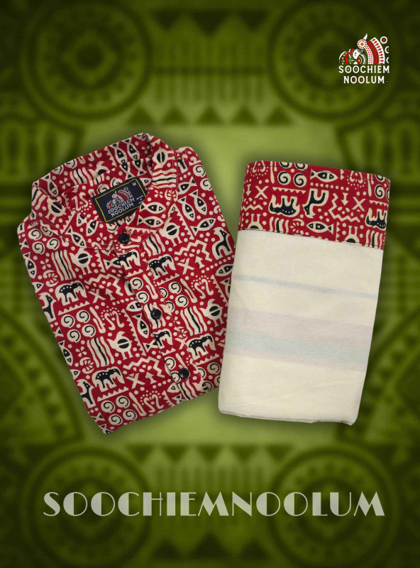 Red Premium Designer Kurta + Off-White Premium Single Dhothi[KURTACOMBO00035]