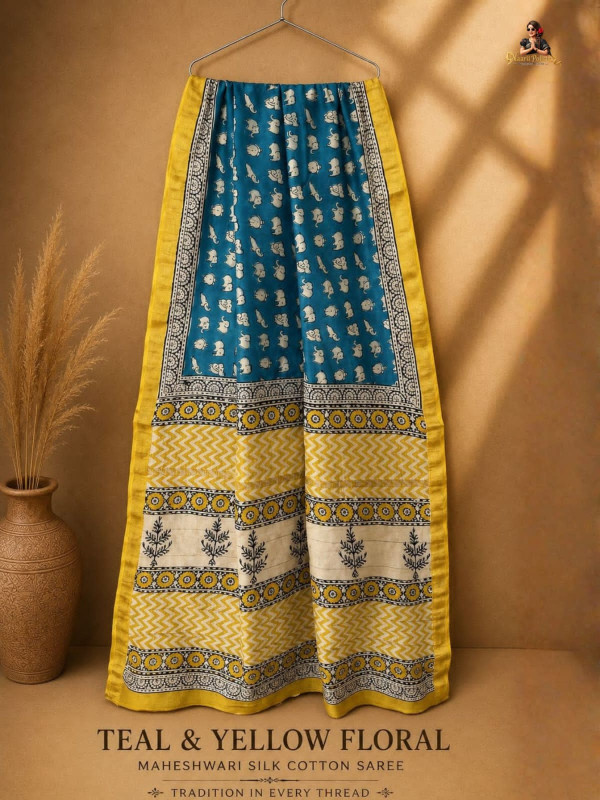 TEAL & YELLOW FLORAL MAHESHWARI SILK COTTON SAREE