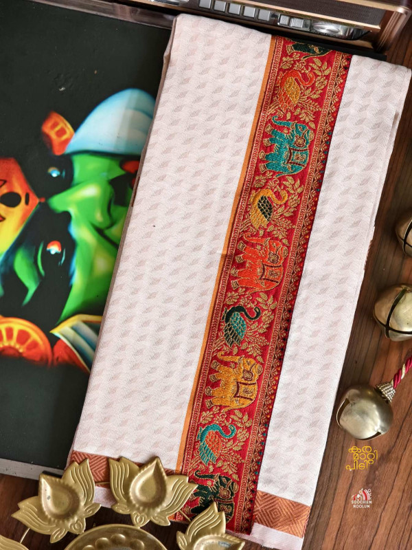 Tissue Copper Jacquard Kasavu Elephant Embroidery Designer Premium Single Dhoti[SINGLE000148]