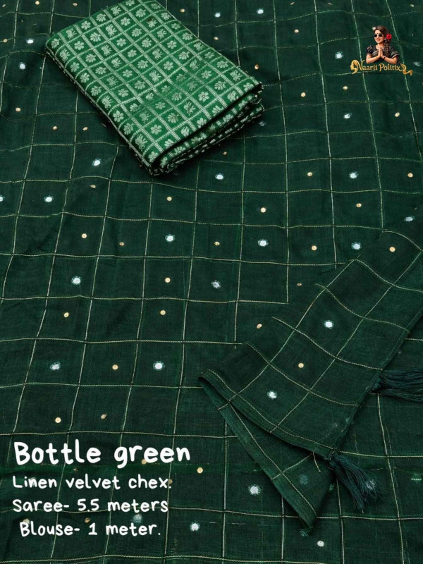 SOFT LINEN SAREE WITH WEAVING CHEX OF VELVET THREAD - BOTTLE GREEN