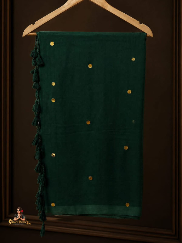 MUL COTTON SAREE  - DEEP EMERALD GREEN WITH GOLD MOTIFS