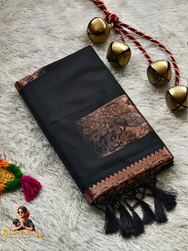 Semi Silk Saree With Peacock Motifs - Black and Antique Gold [SAREE000063]