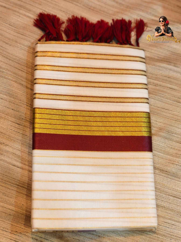 Cotton Striped Kerala Saree With Tassels Single Color Kara- Maroon and Gold [SAREE000080]