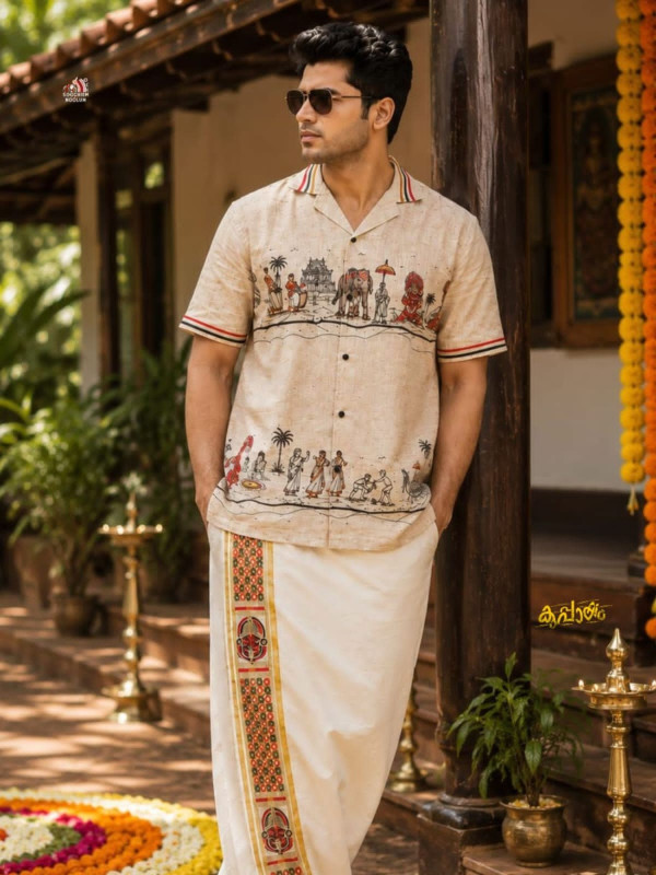 KAIRALI-ONAM SPECIAL PREMIUM DESIGNER SHIRT IVORY -  GOLDEN COTTON KASAVU DOUBLE DHOTI COMBO