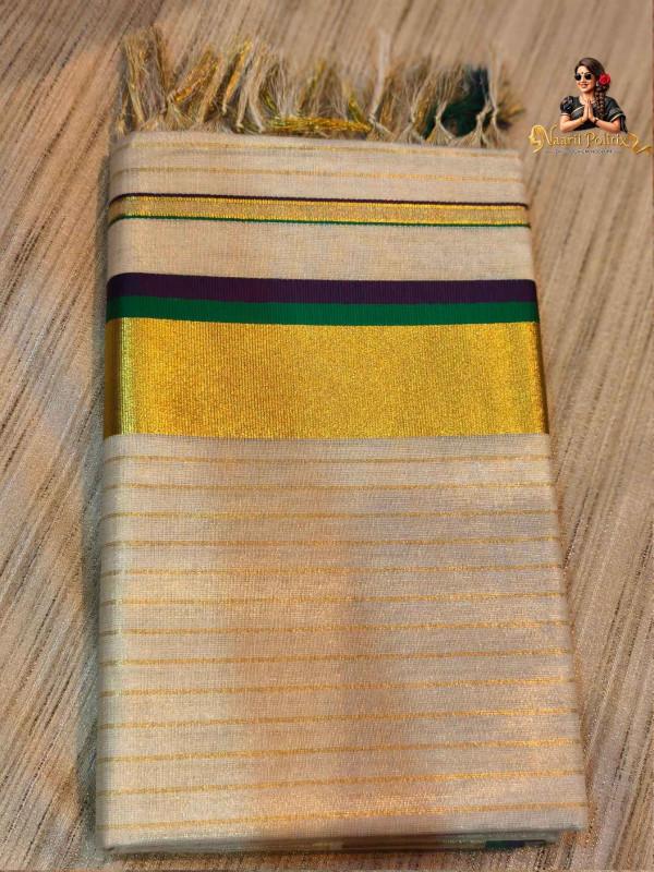 Striped Tissue Kasavu Saree 2 color Kara - Purple and Green [SAREE000085]