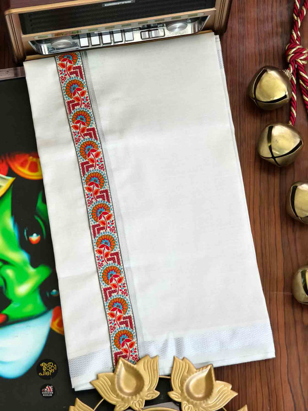 Tissue Silver Kasavu Colour Full Embroidery Designer Premium Single Dhoti[SINGLE000127]