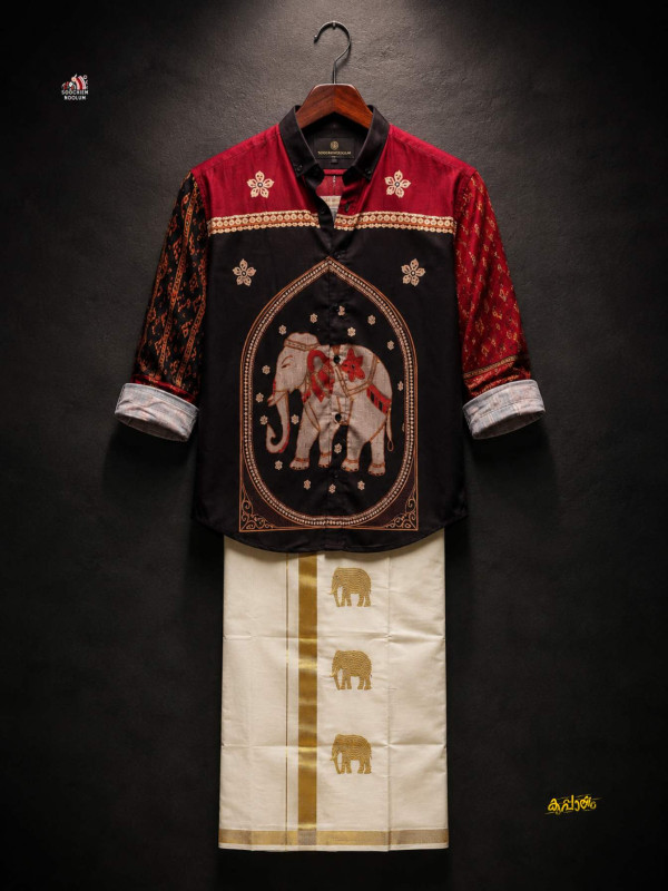 DESIGNER PREMIUM SHIRT -  DOUBLE GOLDEN TISSUE KASAVU DHOTI COMBO