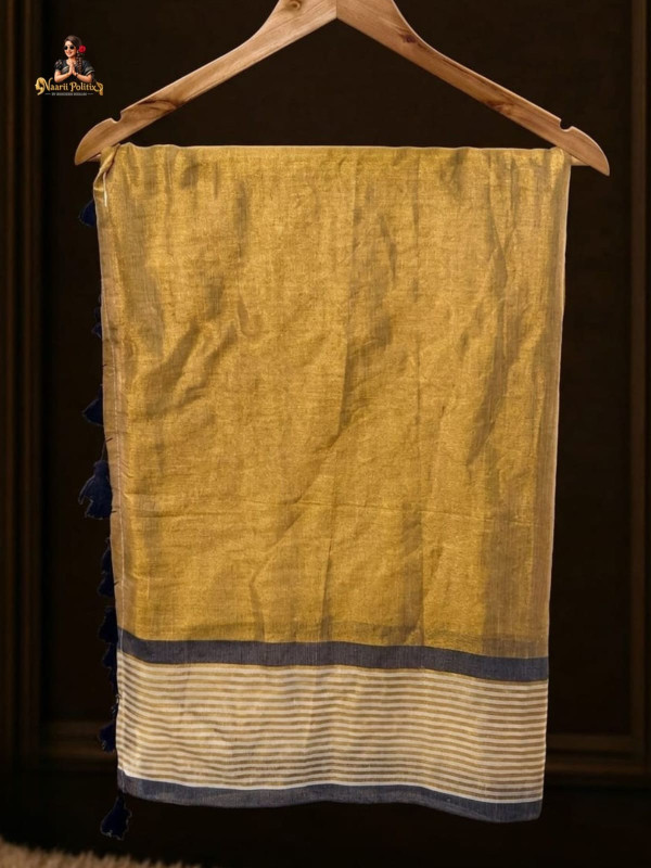 MUL COTTON SAREE  - MUSTARD GOLD BODY WITH OFF-WHITE STRIPED BORDER