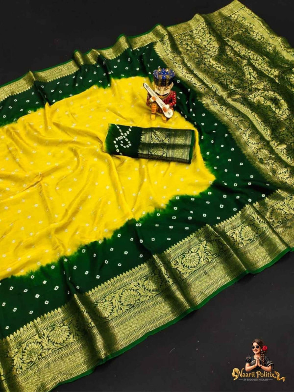 SEMI KANJIVARAM BANDHANI SAREE -  YELLOW WITH BOTTLE GREEN