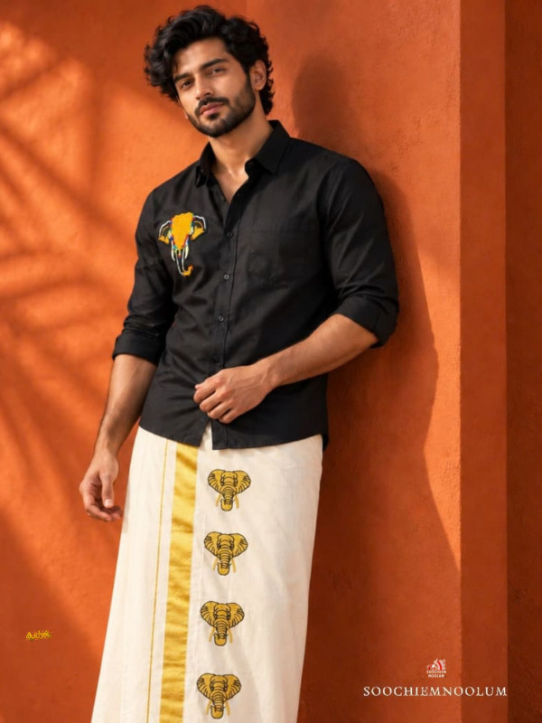 BLACK ELEPHANT EMBROIDERY DESIGNER PREMIUM SHIRT +  DOUBLE DHOTI COMBO