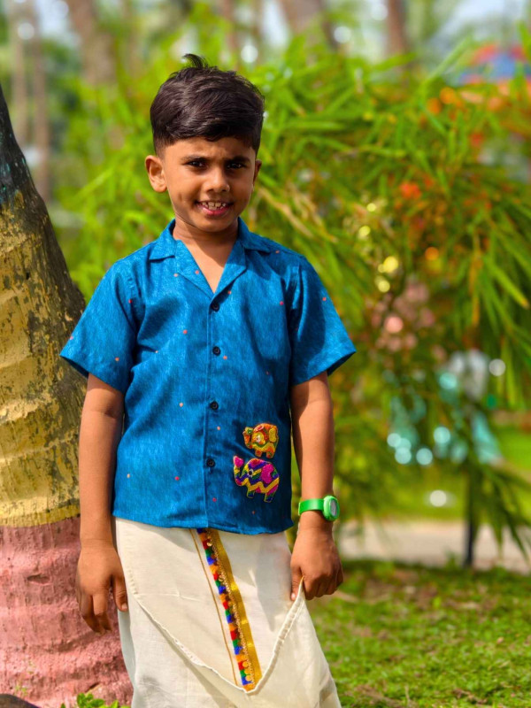Blue Shirt +Dhoti Combo With Beaded Elephant Patch For Kids[KCOMBO00024]