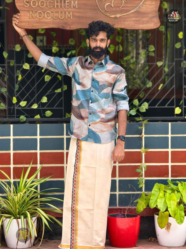 Designer Shirts+ Single kasavu Dhotie Combo[COMBO000187]