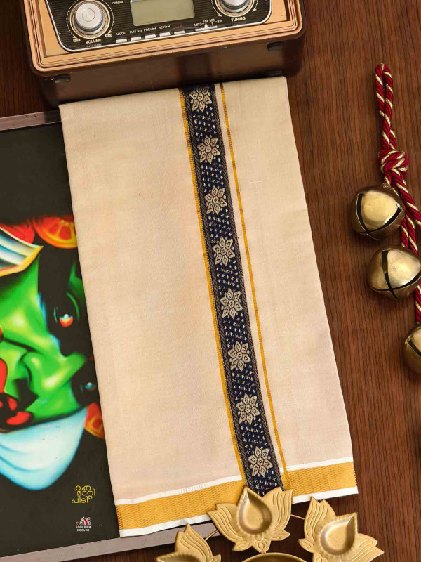 Tissue Golden Kasavu Colour Full Embroidery Designer Premium Single Dhoti[SINGLE000129]