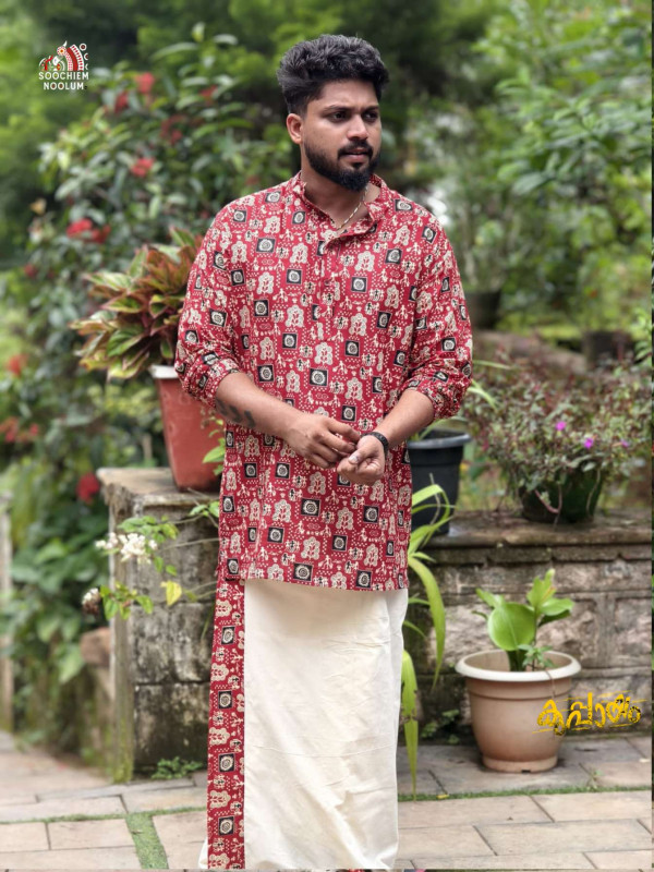 Red & Black Designer Kurta+ Off-White Cotton Dhoti [Clearance Sale][KURTACOMBO0005]