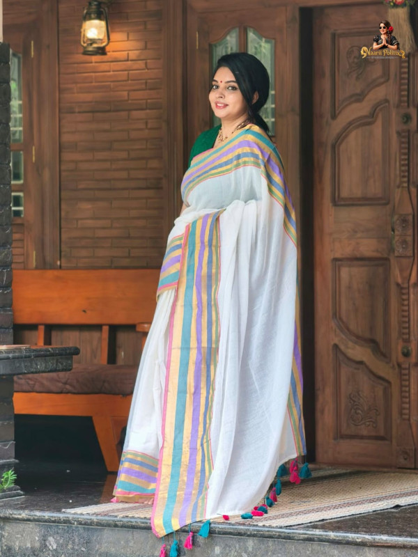 MUL COTTON SAREE  - OFF WHITE WITH MULTICOLOR STRIPED BORDER