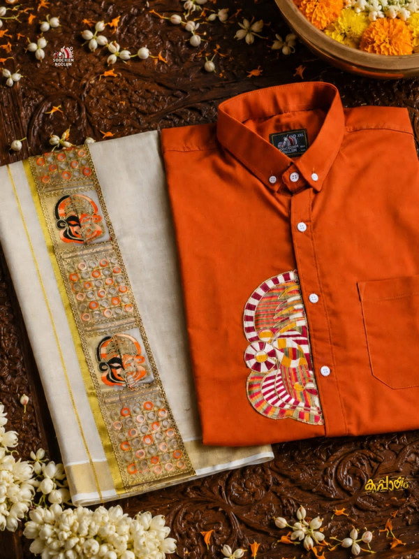 ORANGE KATHAKALI EMBROIDERY HALF PATCH SHIRT -  DOUBLE GOLDEN TISSUE KASAVU DHOTI COMBO