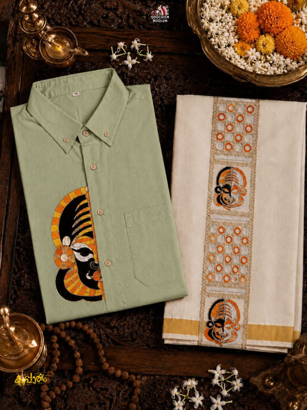 PASTEL GREEN KATHAKALI EMBROIDERY HALF PATCH SHIRT -  DOUBLE GOLDEN TISSUE KASAVU DHOTI COMBO