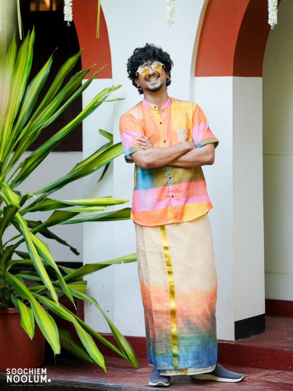 COLOUR KALAM-DESIGNER PREMIUM SHIRT -  DOUBLE GOLDEN TISSUE KASAVU DHOTI COMBO