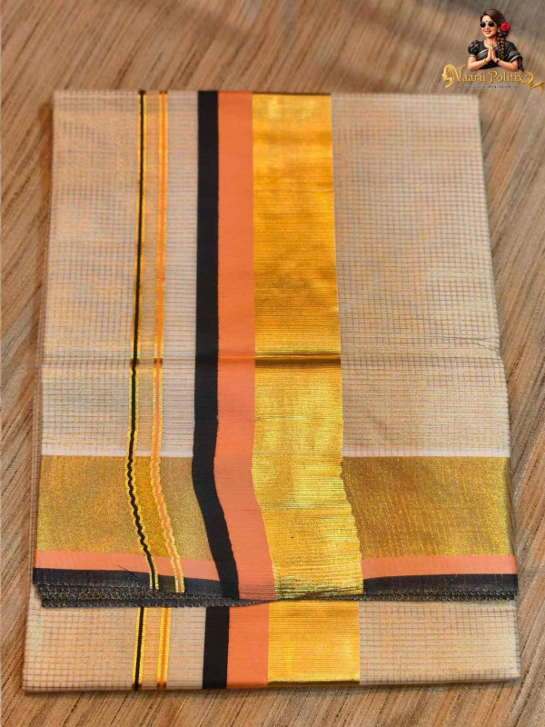 Micro Checked Cotton kasavu Saree 2 color Kara - Black and peach [SAREE0000115]