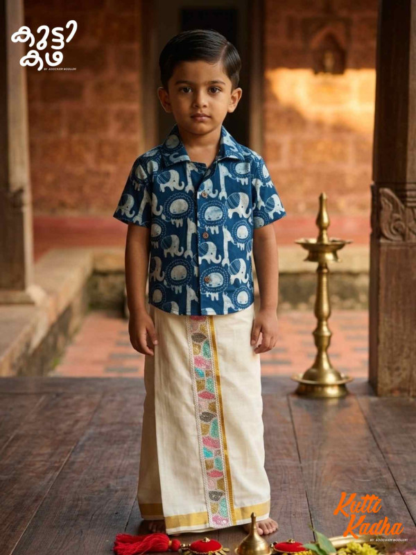 Hand Block Cotton Shirt+ Dhoti Combo For Kids[KCOMBO00028]