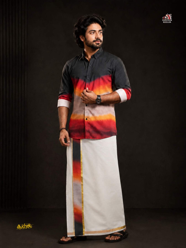 PREMIUM DESIGNER SHIRT -  DOUBLE GOLDEN COTTON KASAVU DHOTI COMBO