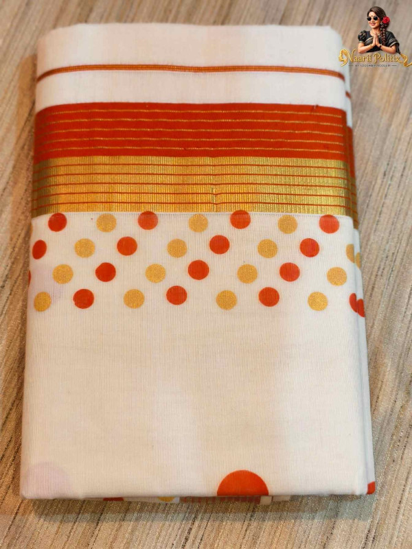 Hand Block Polka Cotton Kasavu Saree - Orange and Gold [SAREE0000103]