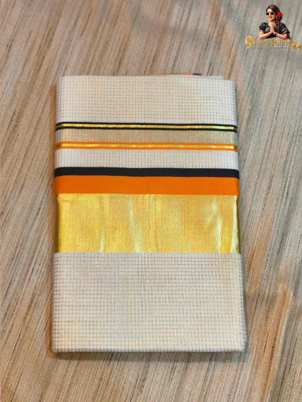 Micro Checked Cotton kasavu Saree 2 color Kara - Black and Orange [SAREE0000114]