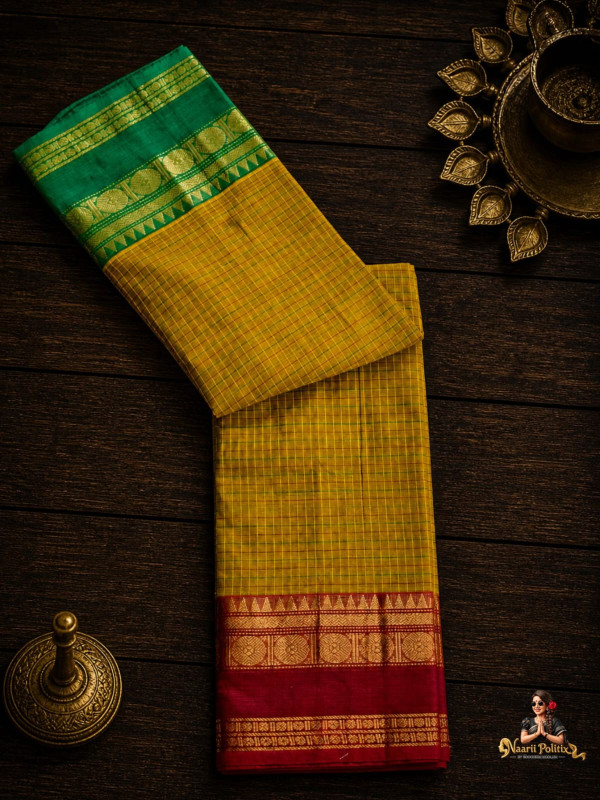 Ganga Jamuna Border Kanchi cotton saree-  Mustard Yellow with Green and Red  [SAREE0000258]