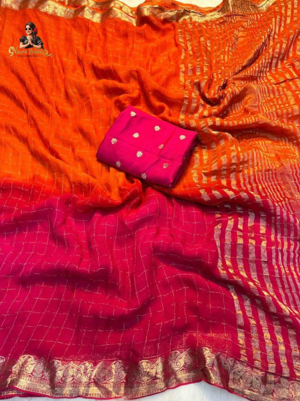 PURE VISCOSE WEAVING JACQUARD SAREE WITH PURE VISCOSE MATCHING BLOUSE - ORANGE & RANI PINK