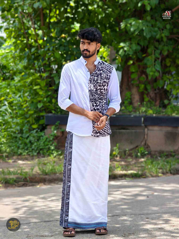 White Premium Designer Half Patch Shirt+ Single Cotton Dhotie Combo[COMBO00066]