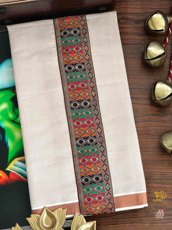 Tissue Copper Kasavu Colour Full Embroidery Designer Premium Single Dhoti[SINGLE00092]