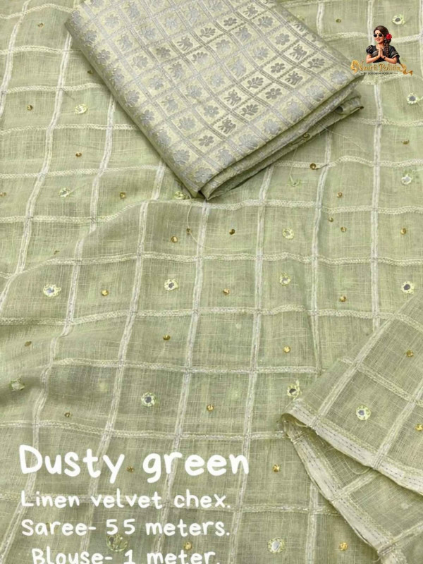 SOFT LINEN SAREE WITH WEAVING CHEX OF VELVET THREAD - DUSTY GREEN