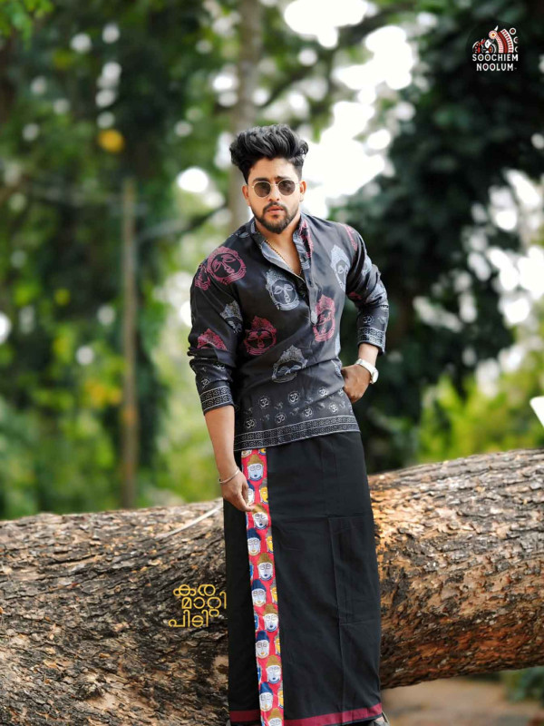 Black Premium Buddha Designer Kurta + Single Dhothi Combo[KURTACOMBO00028]