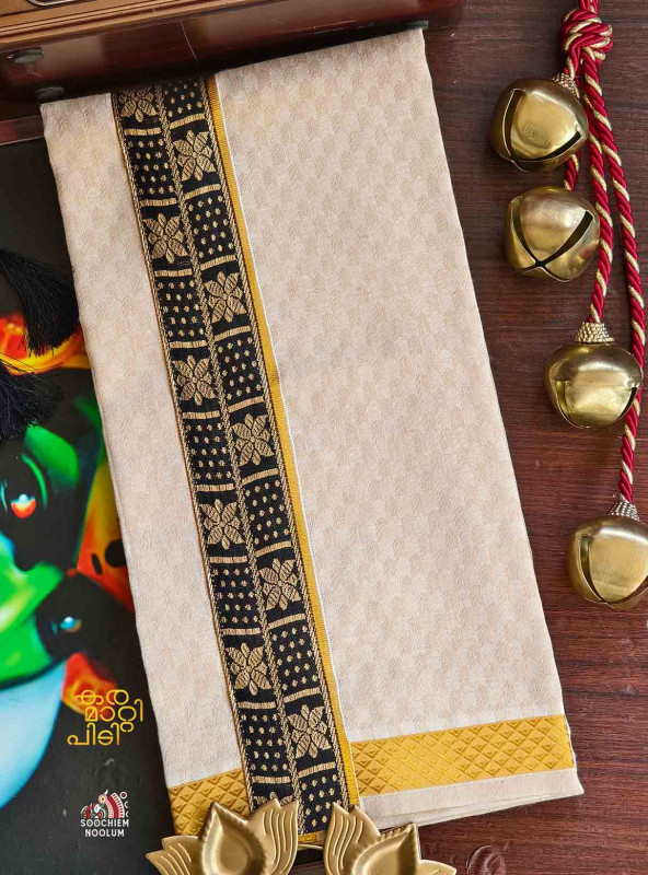 Tissue Golden Jacquard Kasavu Colour Full Embroidery Designer Premium Single Dhoti[SINGLE00084]