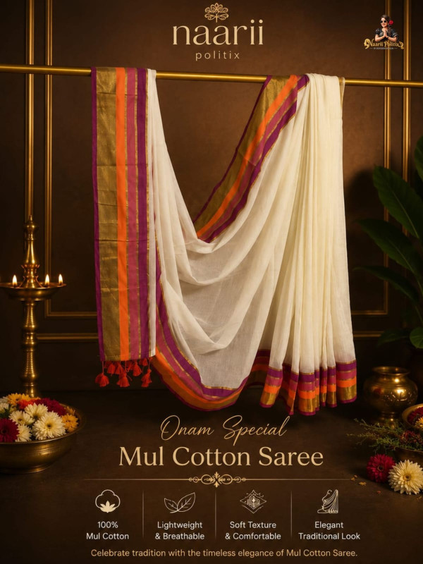 MUL COTTON SAREE - OFF WHITE WITH GOLD ZARI ORANGE & MAGENTA BORDER
