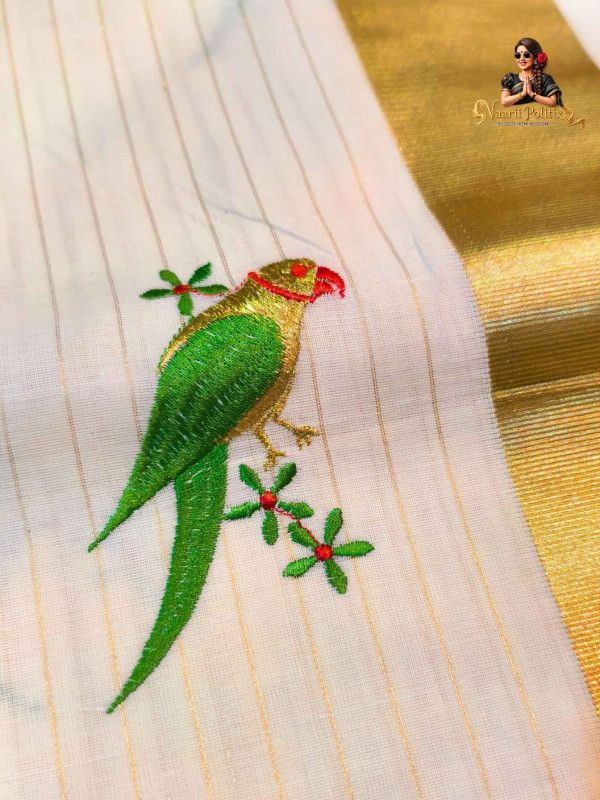 Parrot Embroidered Striped Cotton Karala Kasavu Saree [SAREE000092]