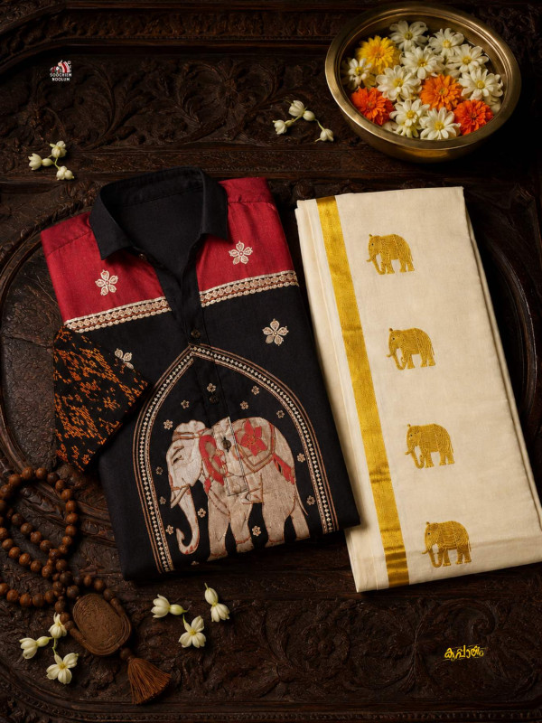 DESIGNER PREMIUM SHIRT -  DOUBLE GOLDEN TISSUE KASAVU DHOTI COMBO
