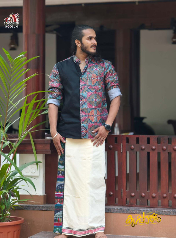 Black Premium Designer Half Patch Shirt + Single Dhothi Combo[COMBO000173]