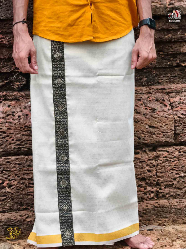 Tissue Golden Jacquard Kasavu Colour Full Embroidery Designer Premium Single Dhoti[SINGLE000106]