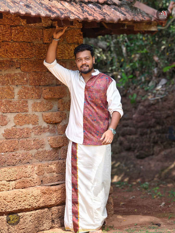 Off White Premium Designer Half Patch Shirt+ Double Kasavu Dhotie Combo[COMBO00097]