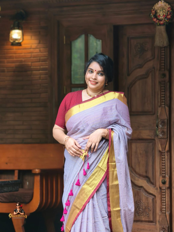 MUL COTTON SAREE  - LAVENDER GREY WITH GOLDEN ZARI BORDER