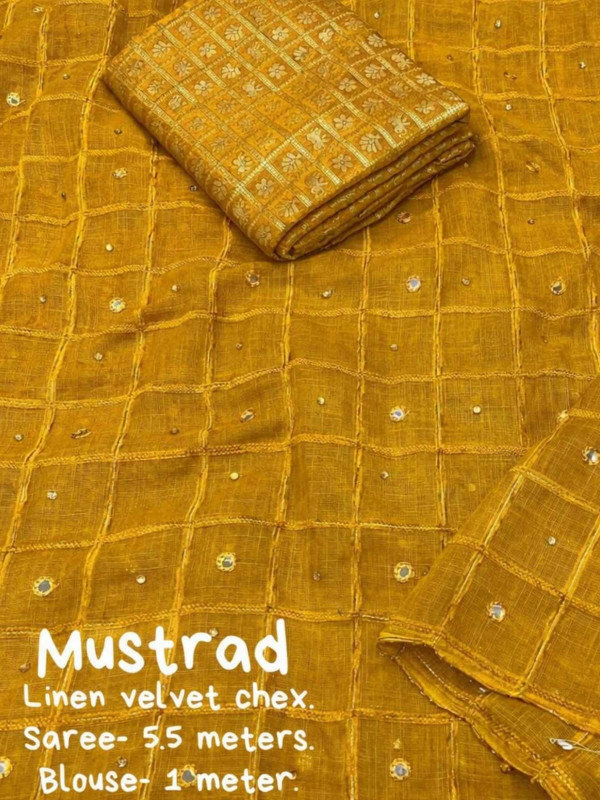 SOFT LINEN SAREE WITH WEAVING CHEX OF VELVET THREAD - MUSTARD YELLOW