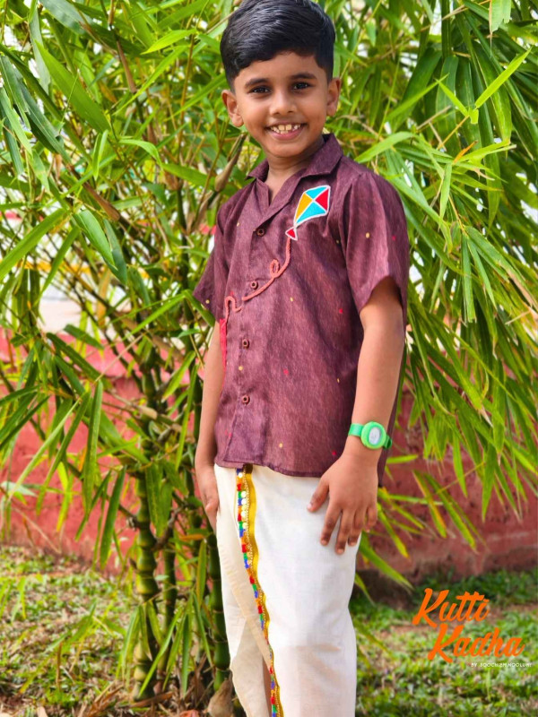 Pattam parakkatte Brown Shirt +Golden kasavu Dhoti Combo For Kids [KCOMBO00021]